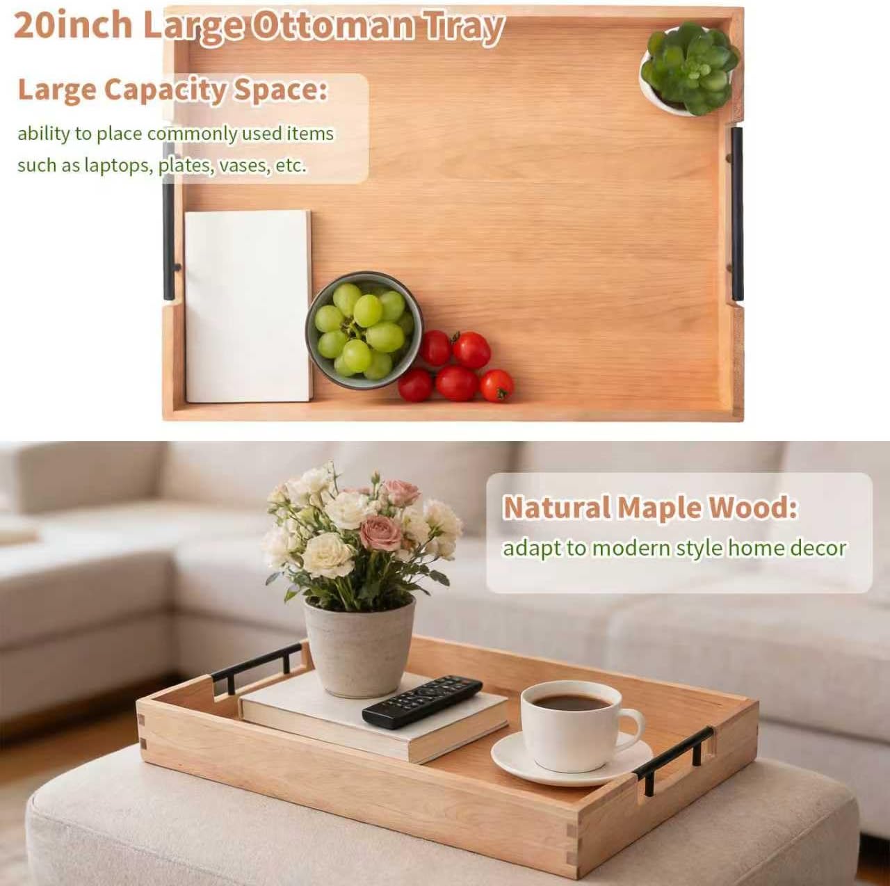 Bandeja rectangular madera mangos metal para otomano