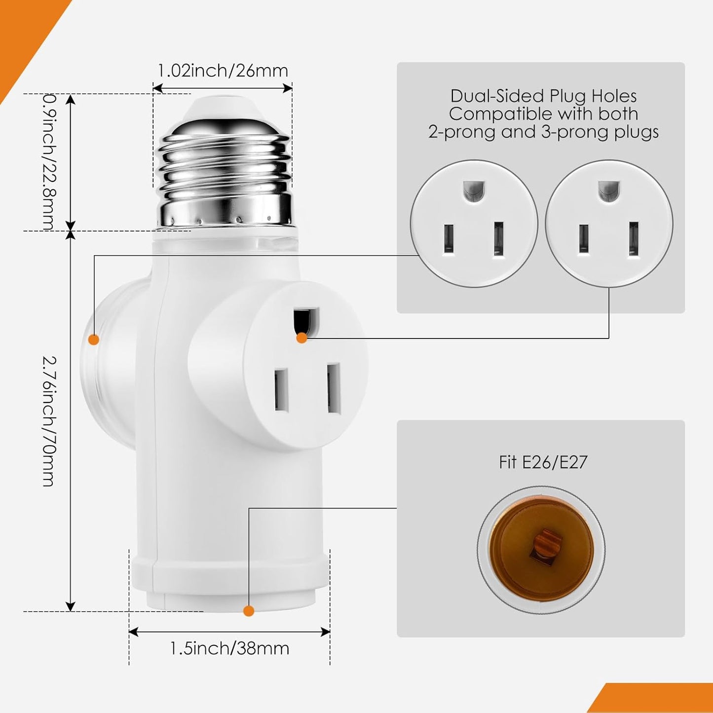 Adaptador E26 a enchufe PBT ignífugo multifuncional blanco