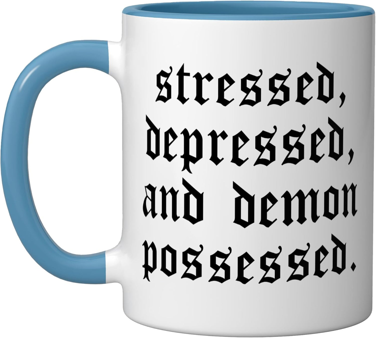 Taza cerámica gothica con texto humoristico azul/blanco
