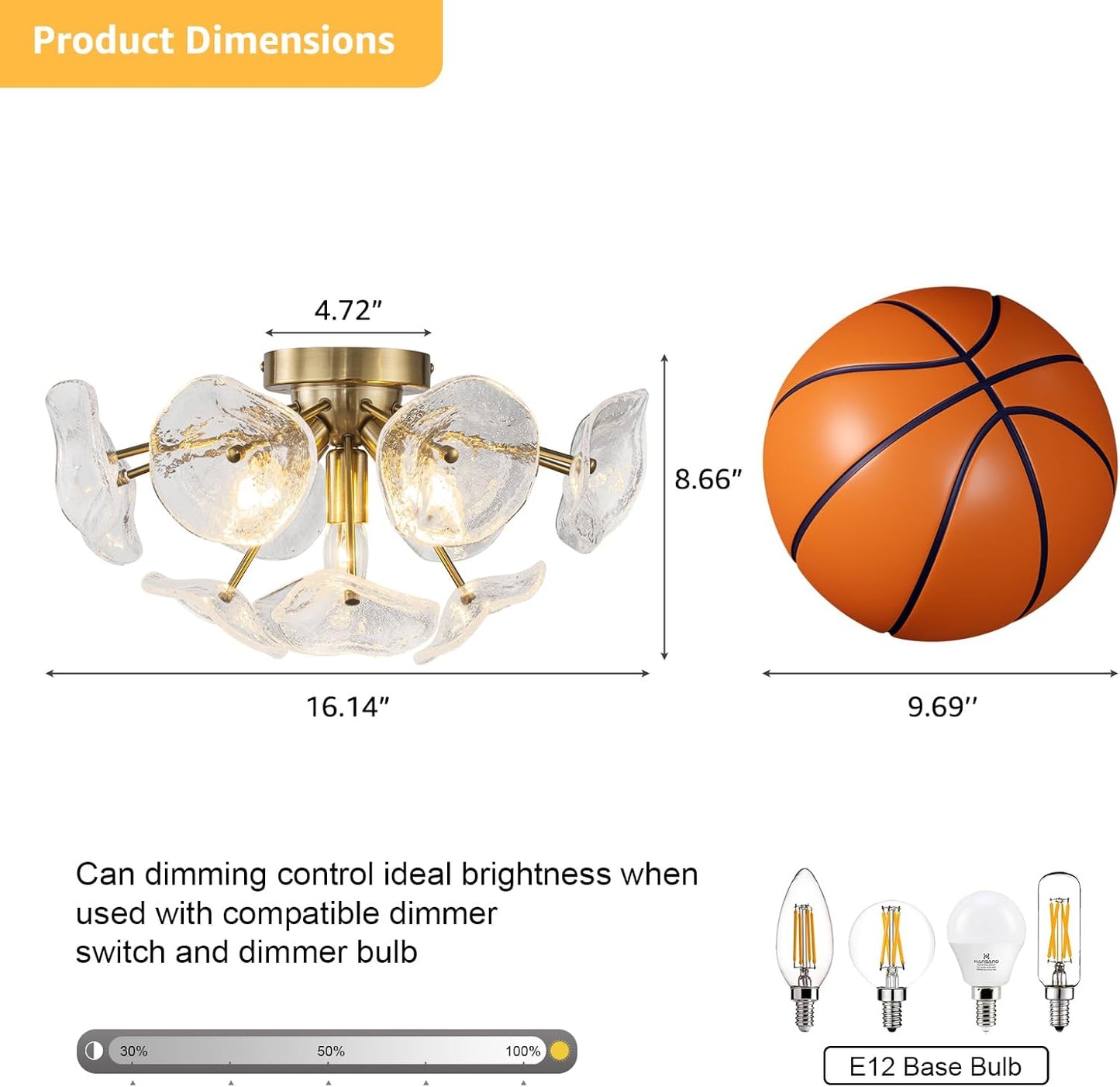 Lámpara techo semiempotrada 5 luces dorada cristal hoja loto