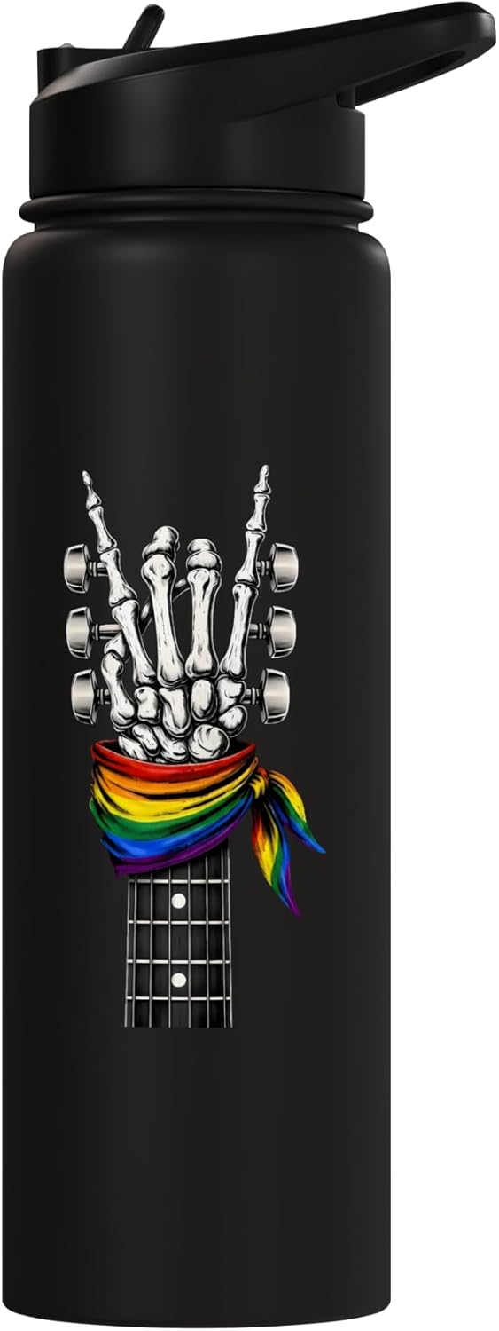 Bottella de agua aislada estampado hueso guitarra arcoiris acero inoxidable