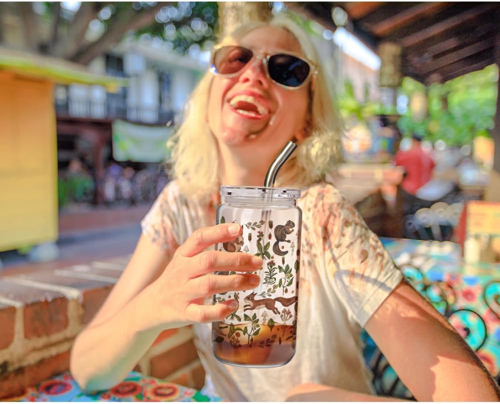 Taza de vidrio con tapa y pajita diseño floral y ardilla regalo para amantes de las ardillas
