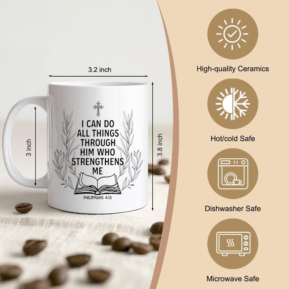 Taza de cerámica doble cara con texto en inglés "I Can Do All Things Through Him"