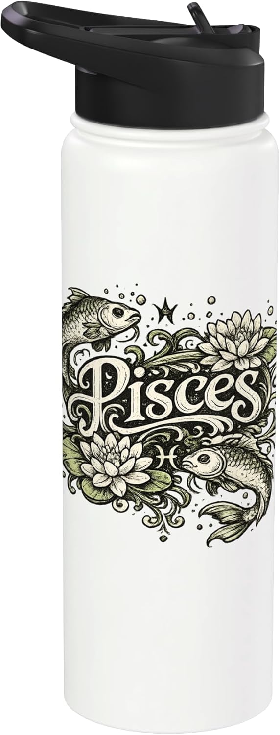 Botella de agua acero inoxidable aislada zodiaco Piscis vintage floral