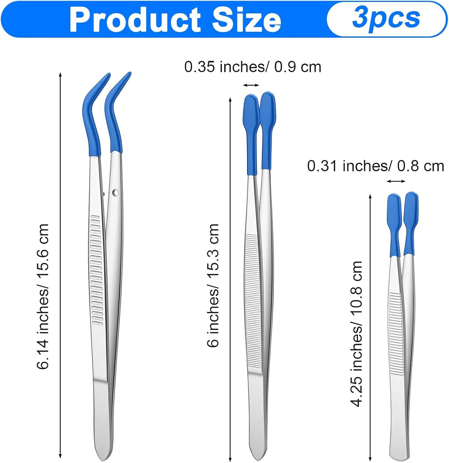 Set 3 Pinzas Joyería Punta Goma Rectas Azul Plata