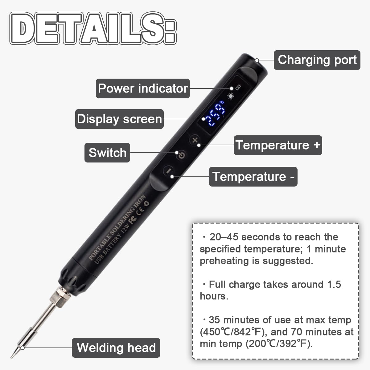 Kit soldador inalámbrico LCD recargable USB portátil
