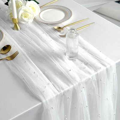 Camino de mesa blanco de tela de gasa tul con perlas 10 pies decoracion de encaje transparente