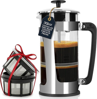 Cafetera de acero inoxidable French Press con filtro de 32 oz y sistema doble
