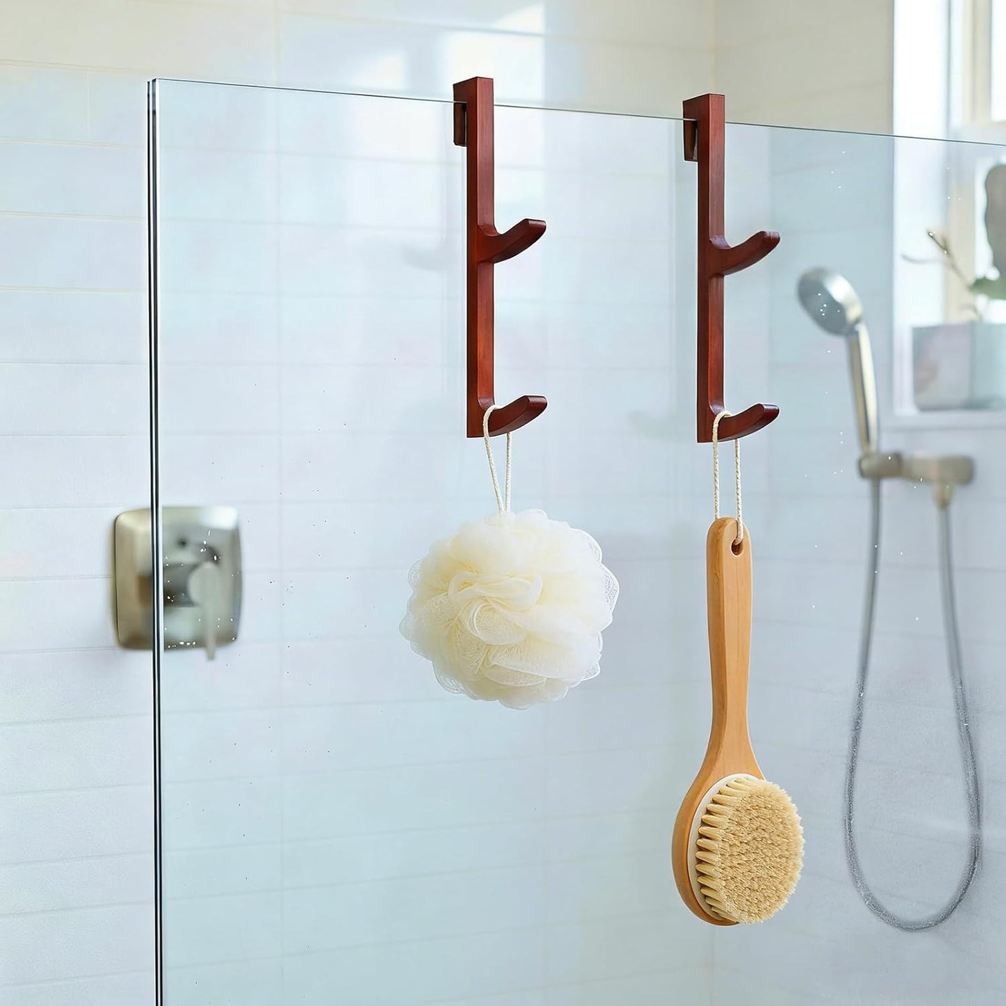 2 Ganchos madera natural para puerta ducha de vidrio sin marco