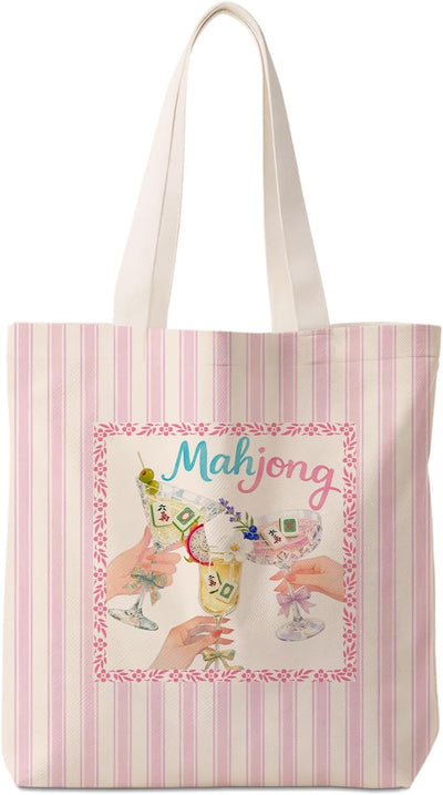 Bolsa de tela Mahjong para mujer con diseño de cuadros y rayas moradas