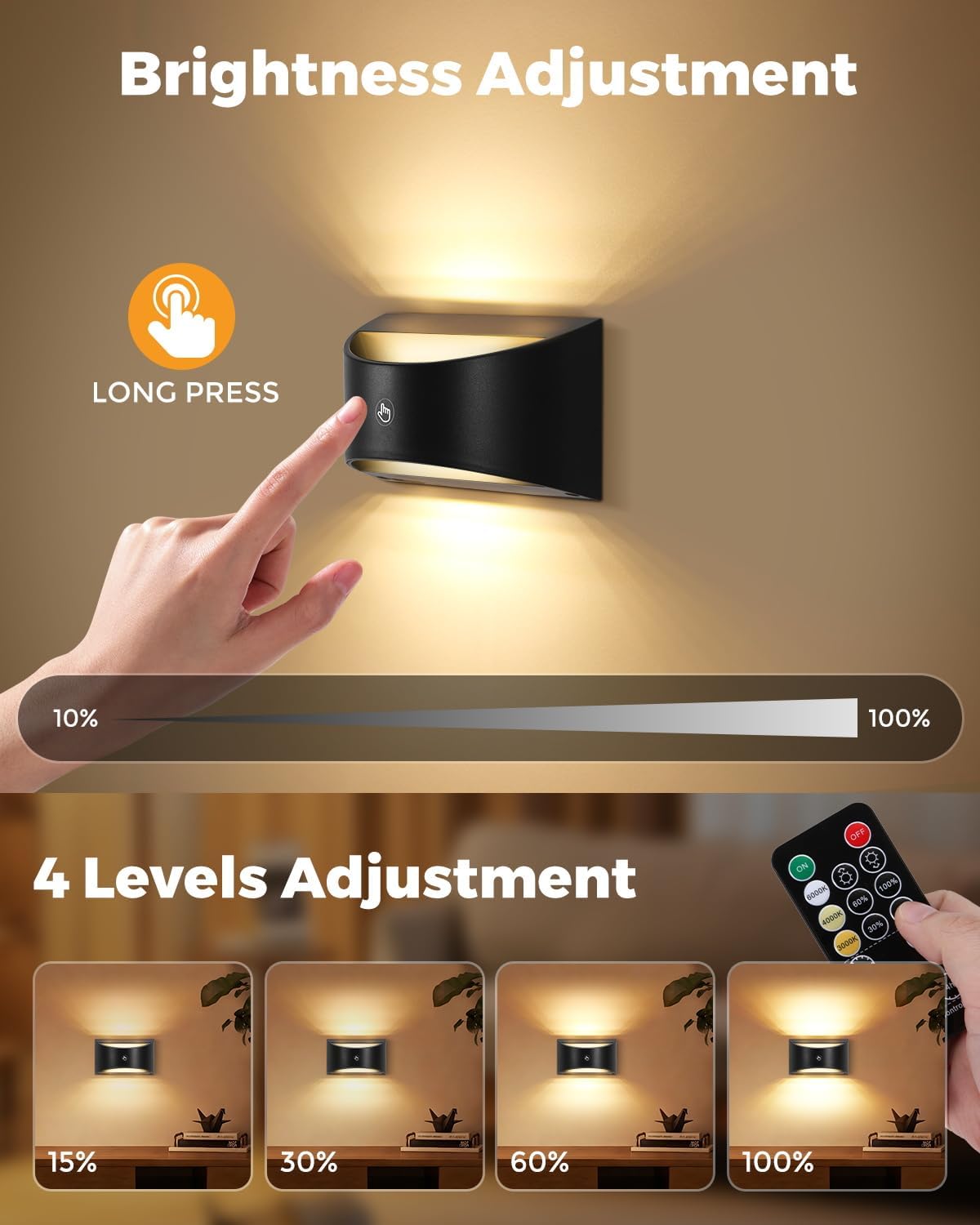 Aplique pared inalámbrico recargable con control remoto 3 colores