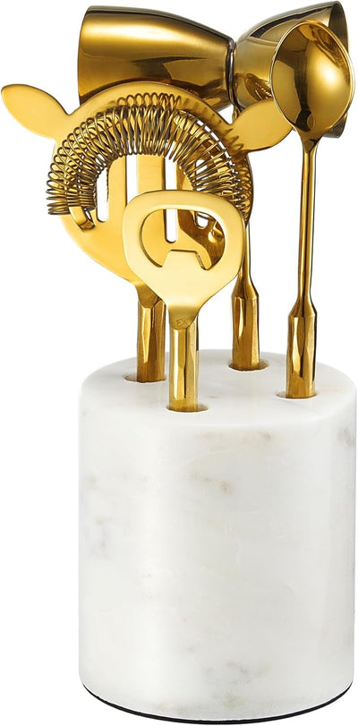 Kit 5 Pzas Barman Oro Mármol Soporte Acero Inox