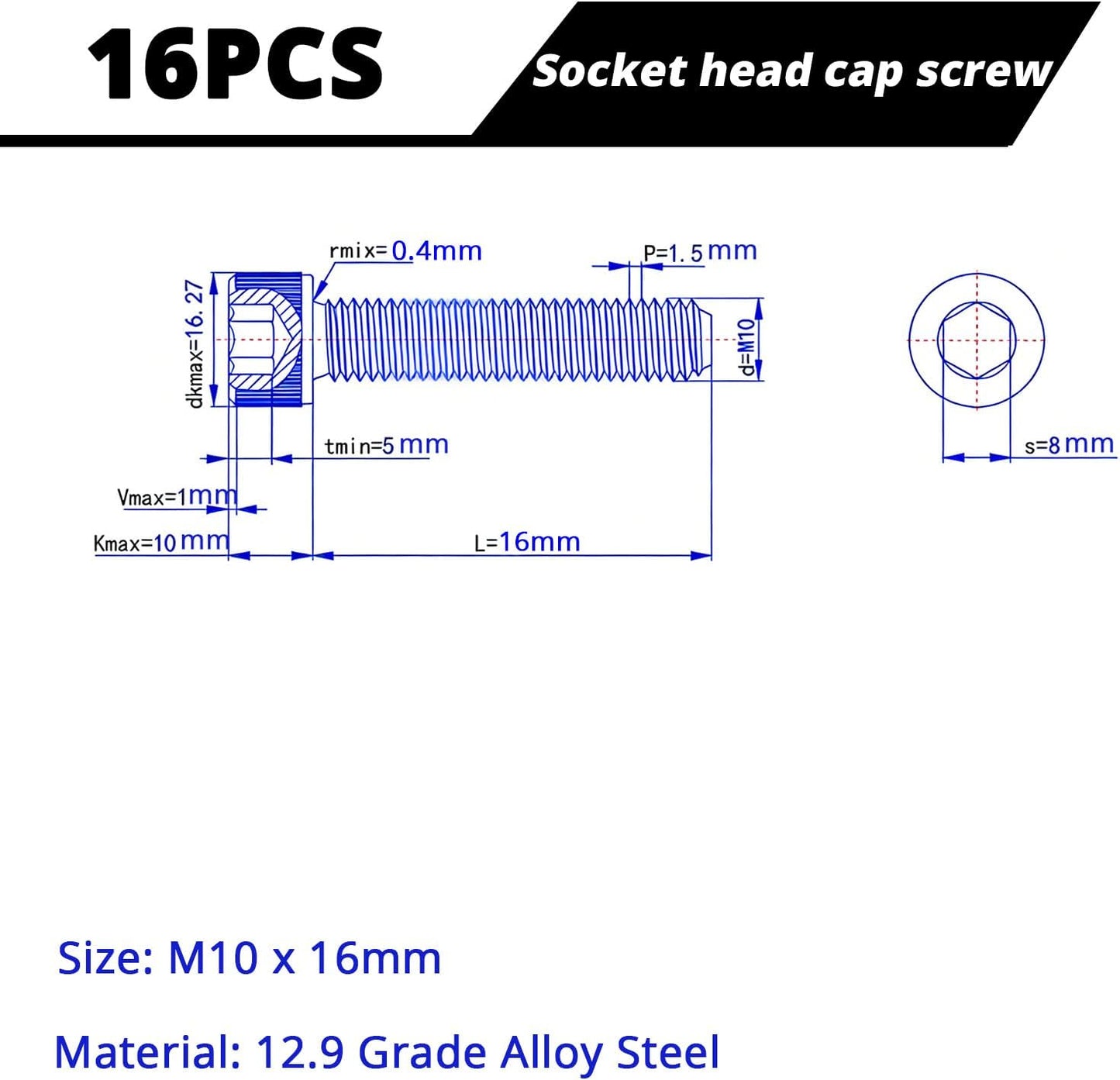 Tornillos M10 acero aleación grado 12.9 negro 16 pzas