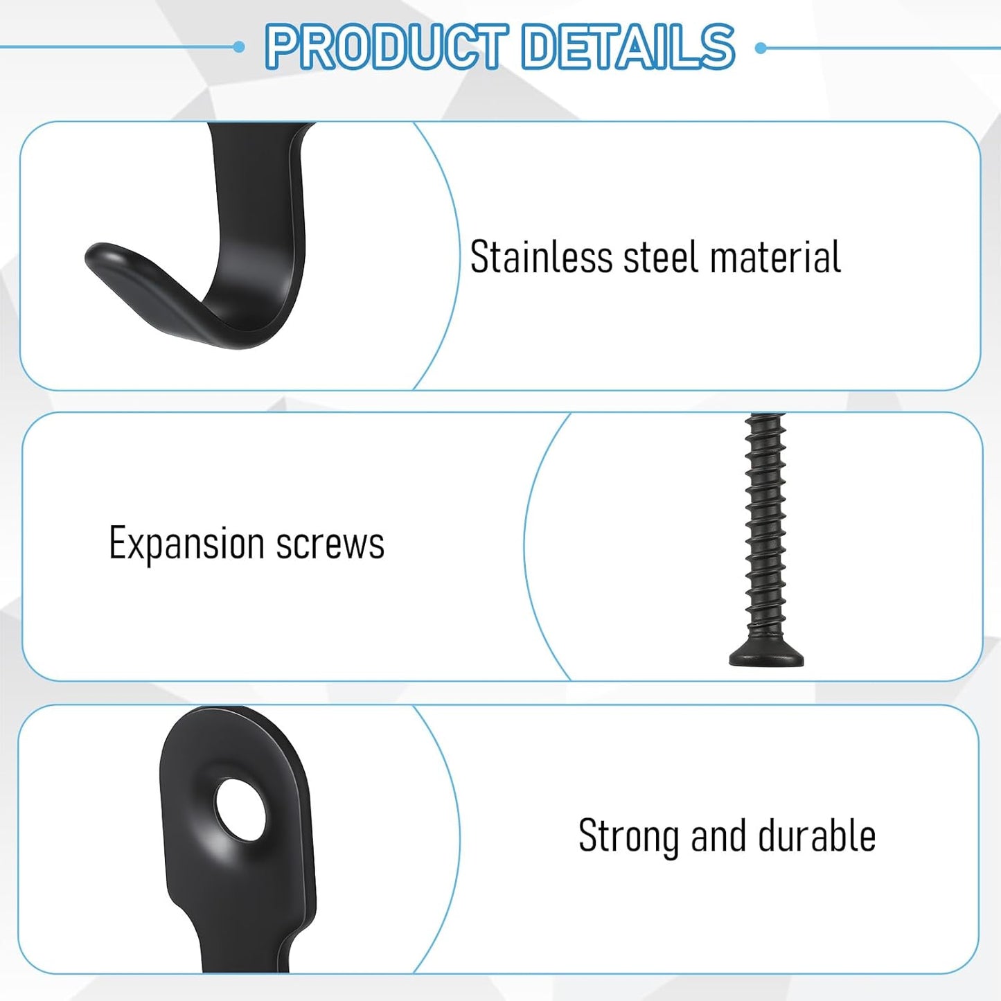 20 Ganchos Acero Inox Negro para Pared Mini