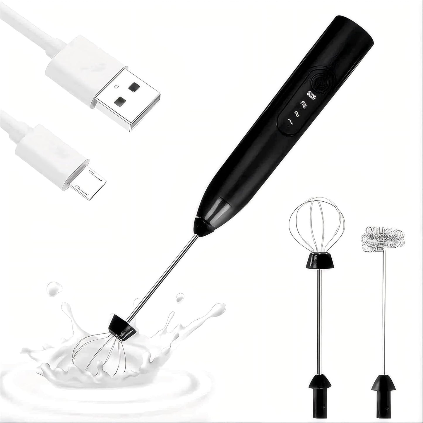 Espumador de leche eléctrico recargable con batidor de acero inoxidable, negro