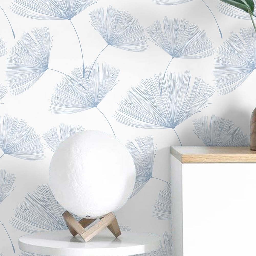 Papel tapiz diente león autoadhesivo azul blanco 197x17.3pulg