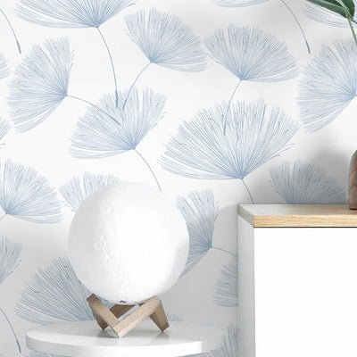 Papel tapiz diente león autoadhesivo azul blanco 197x17.3pulg