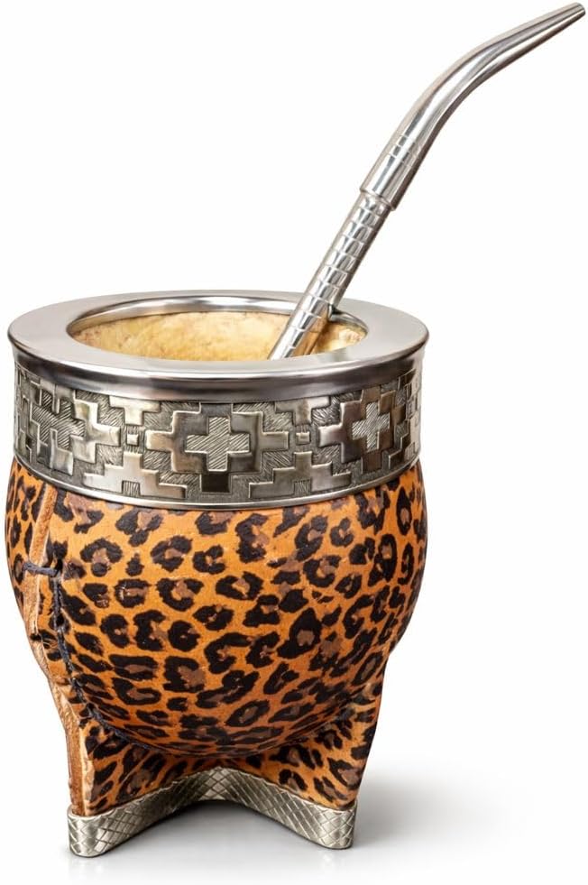 Juego Tazas Yerba Mate Popote Envoltura Cuero Alpaca Acero