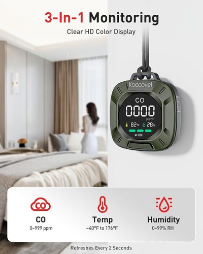 Detector monóxido carbono portátil 3en1 medidor temp humedad 240h