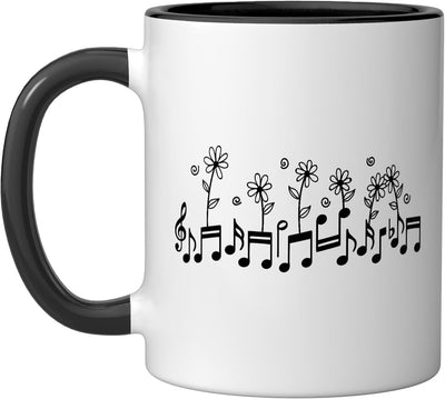 Taza cerámica Musicpulgada Woods con flores negra/blanca