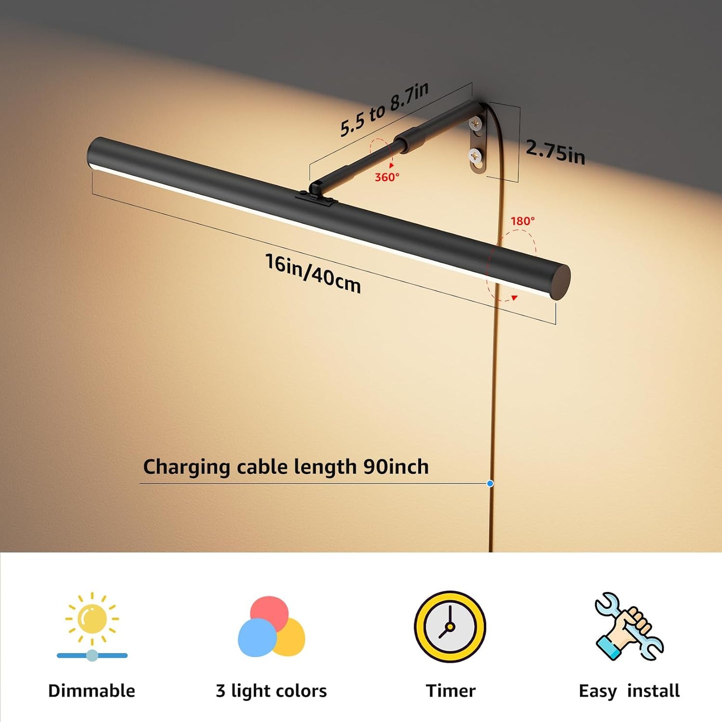 Luz LED enchufable 5W para pared 16pulg control remoto 3CCT