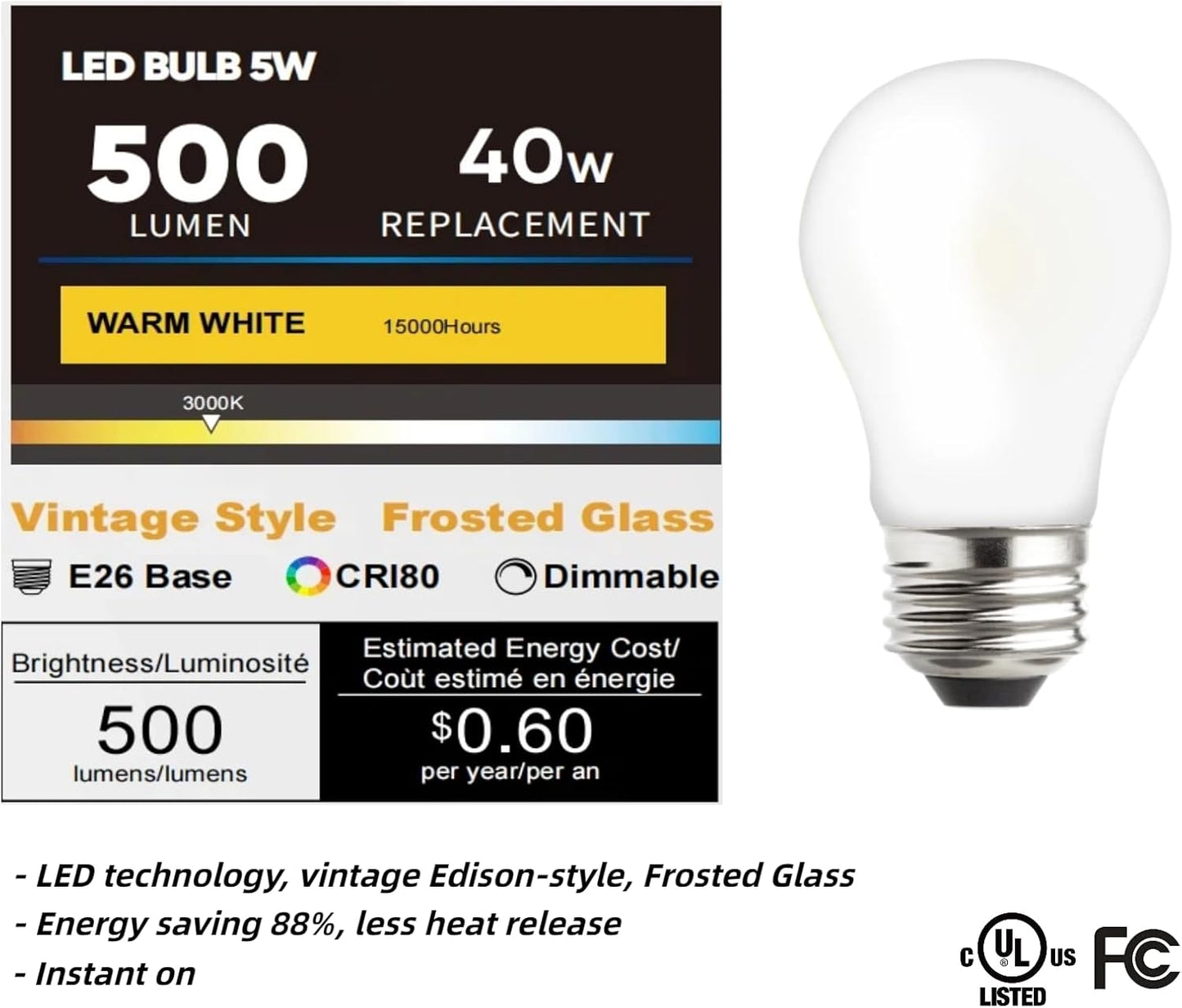 Bombillas LED A15 regulables E26 3000K blanco cálido
