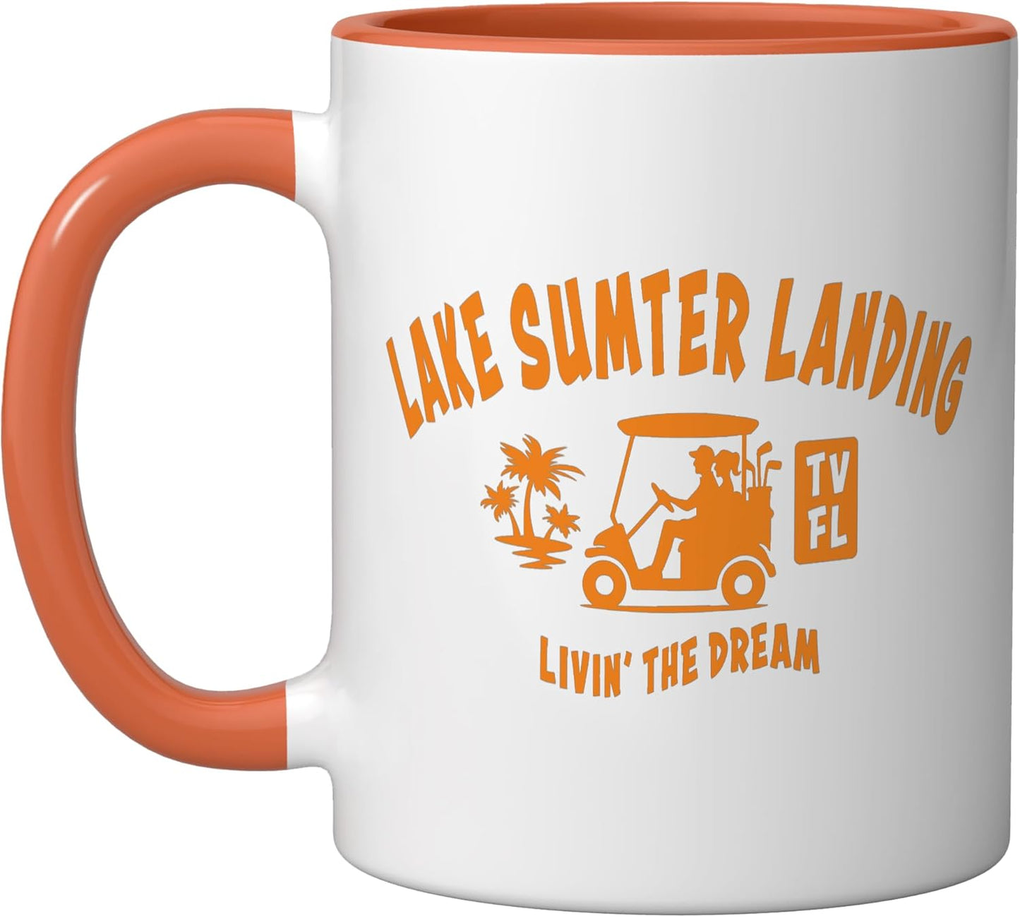 Taza cerámica Lake Sumter Landing TV Florida con diseño palmeras y colores naranja/blanco
