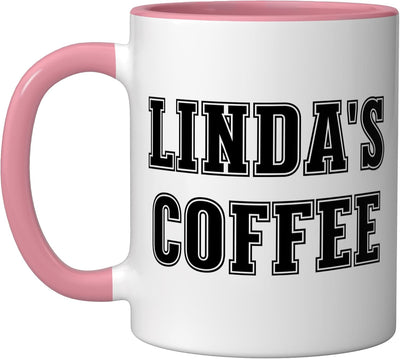 Taza de cerámica personalizada Linda's Coffee color rosa y blanco