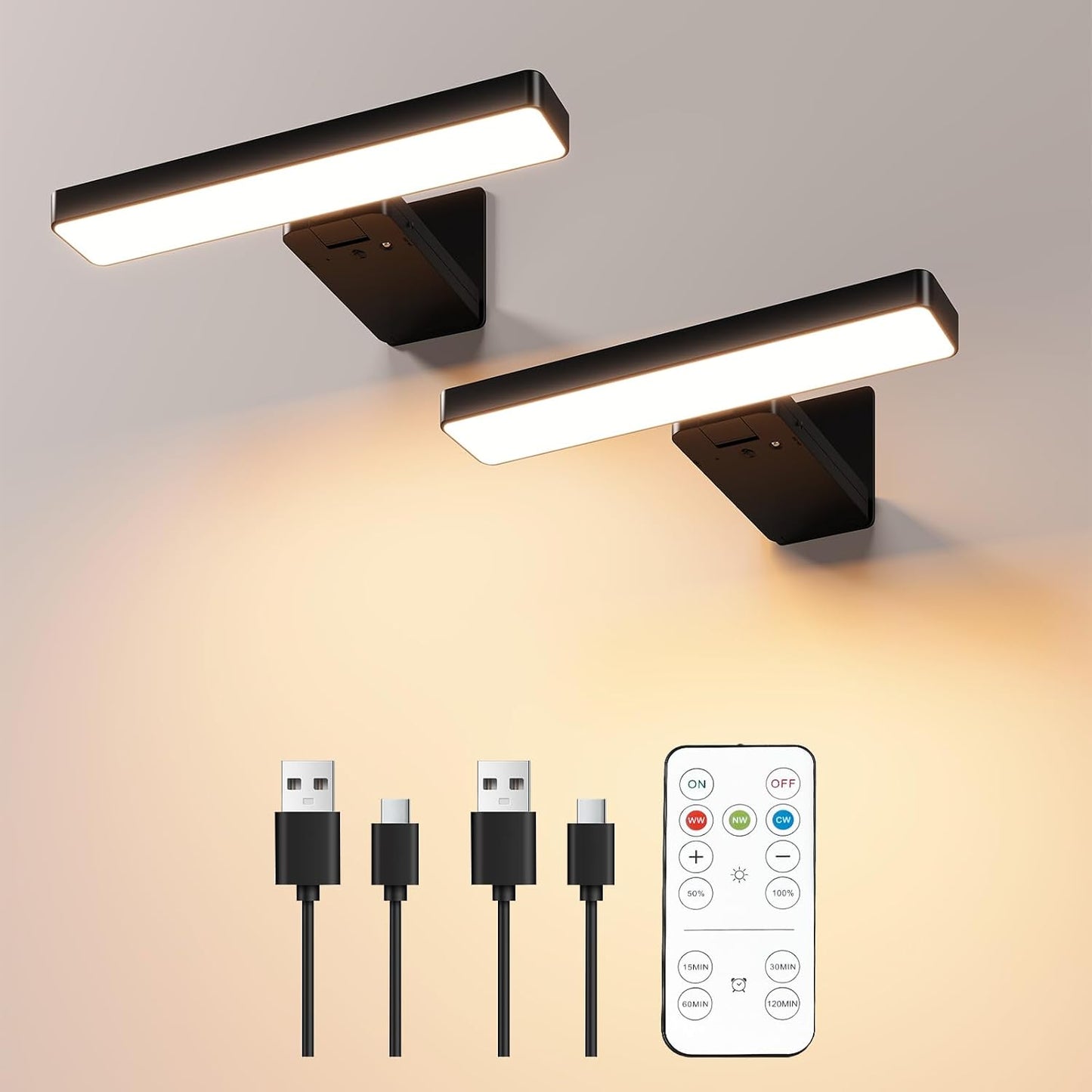 Luces pared recargables LED 2 pzas negro con control