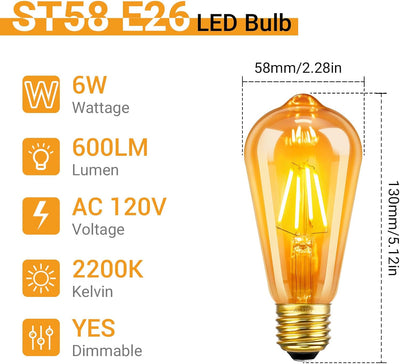 Bombilla LED Edison ST58 E26 2700K vintage cálida