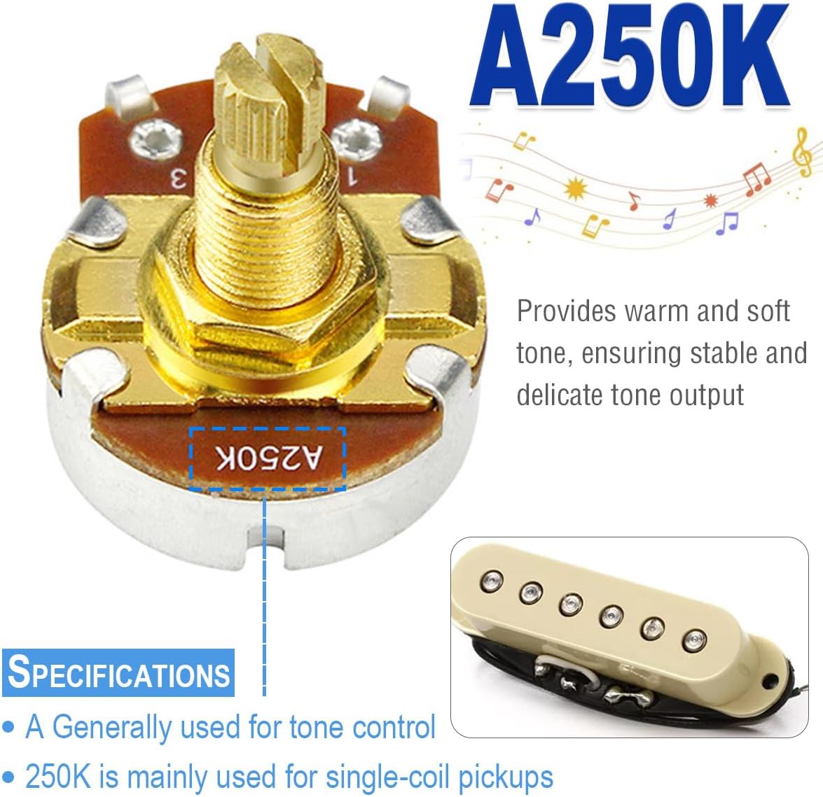 Ollas A250K para guitarra eje latón 0.709pulg potenciómetro cono