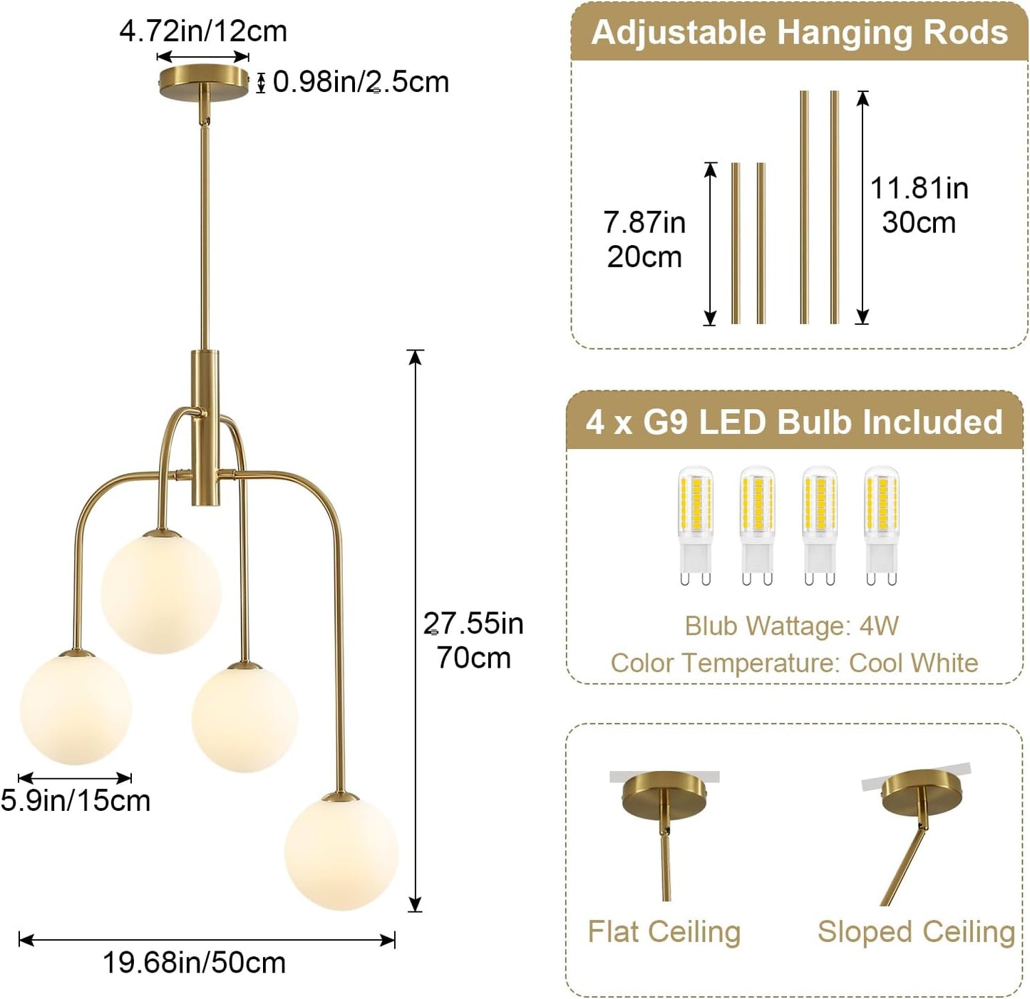 Candelabro moderno Sputnik dorada 4 luces ajustable comedor cocina
