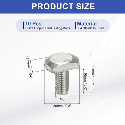 Pernos T M8 x 0.630pulg acero inox 304 10 Pzas