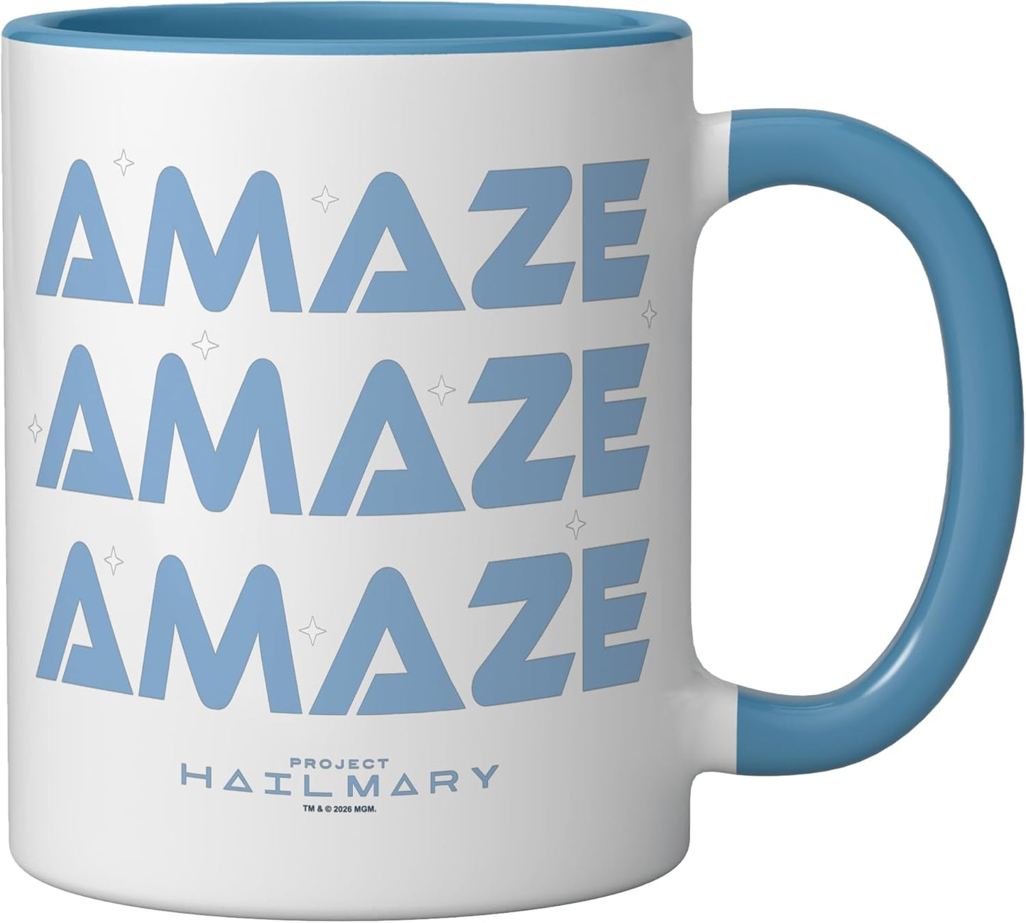 Taza de cerámica Project Hail Mary con tipografía azul y blanco