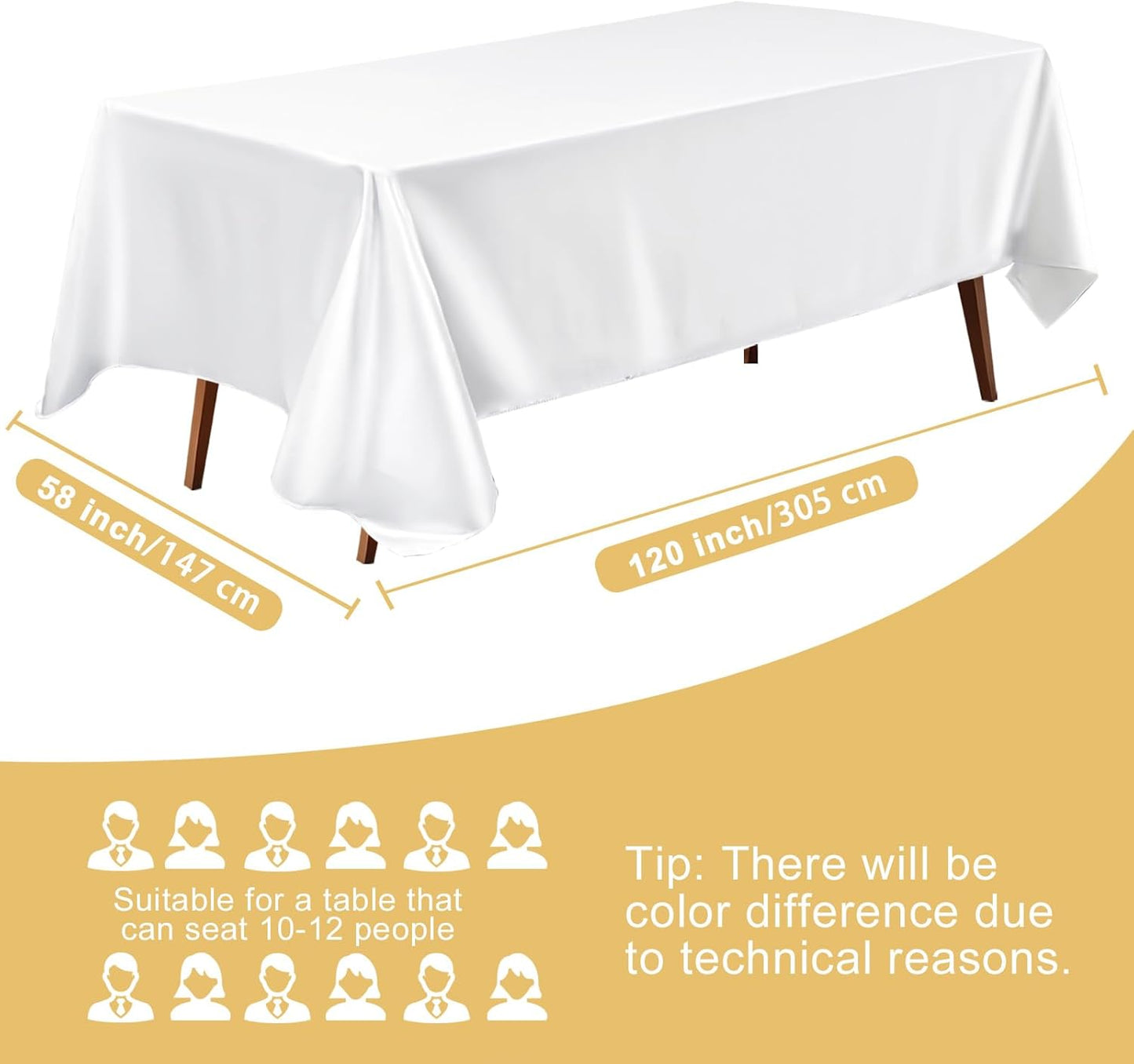 Mantel de satén rectangular blanco brillante lavable 58 x 120 pulgadas