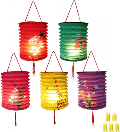 5 Pzas Linternas Papel con Luces LED 6.3pulg Colores Fiestas