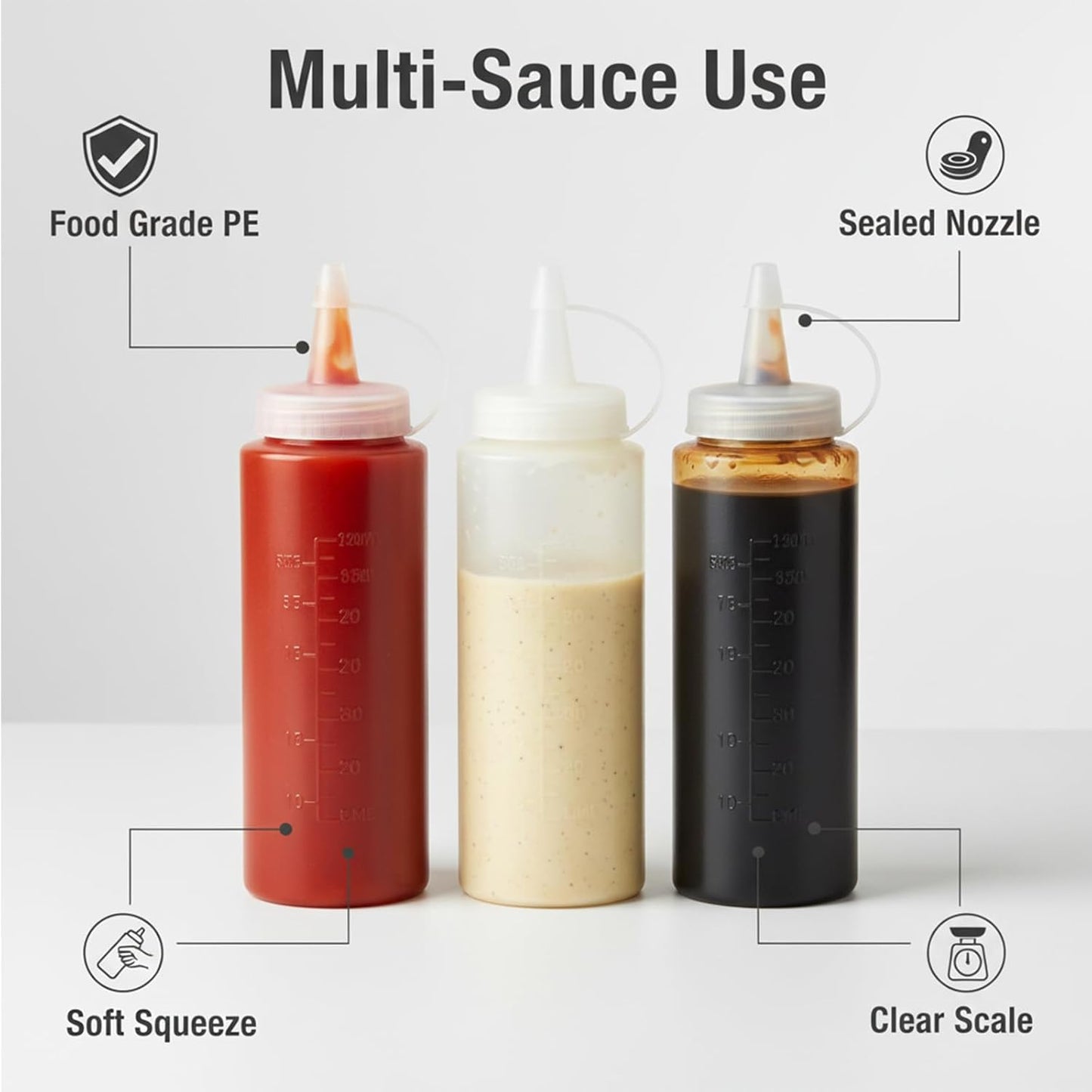 Botellas grandes de plástico para salsas y condimentos 6 unidades