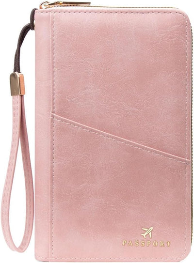 Soporte pasaporte con ranuras tarjetas y cremallera rosa