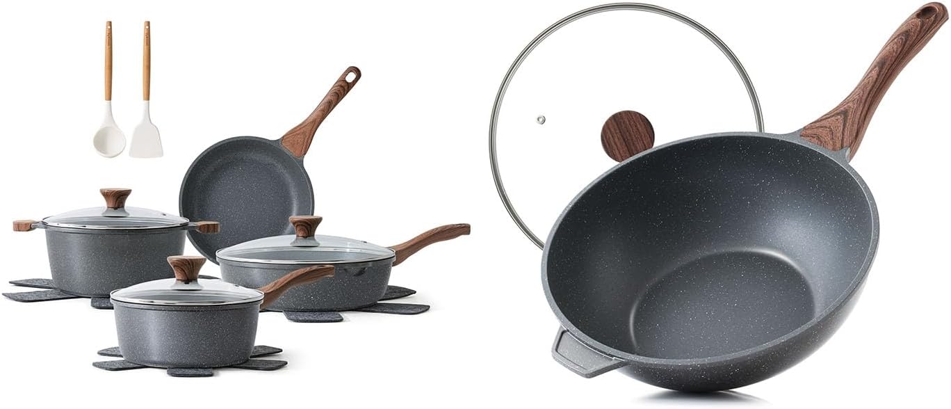 Set 14 Pzas Utensilios Antiadherentes Sartén Wok 4.5qt Con Tapa