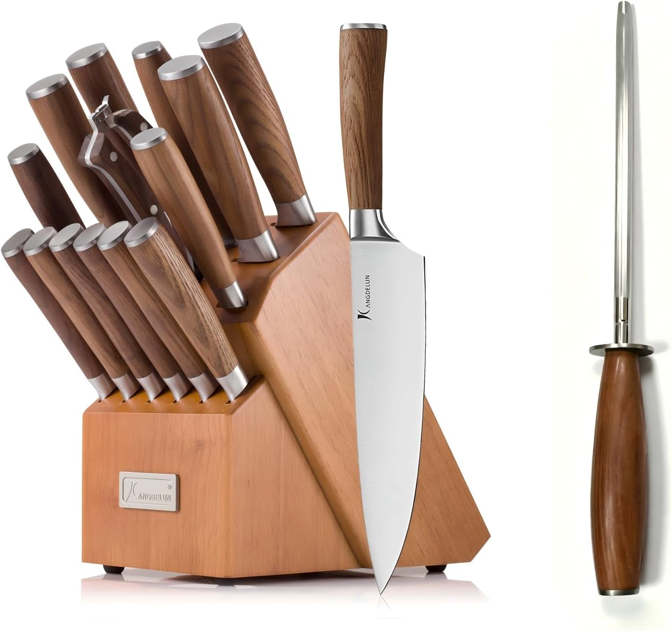 Set 15 cuchillos acero inox con afilador de 8" y mango madera