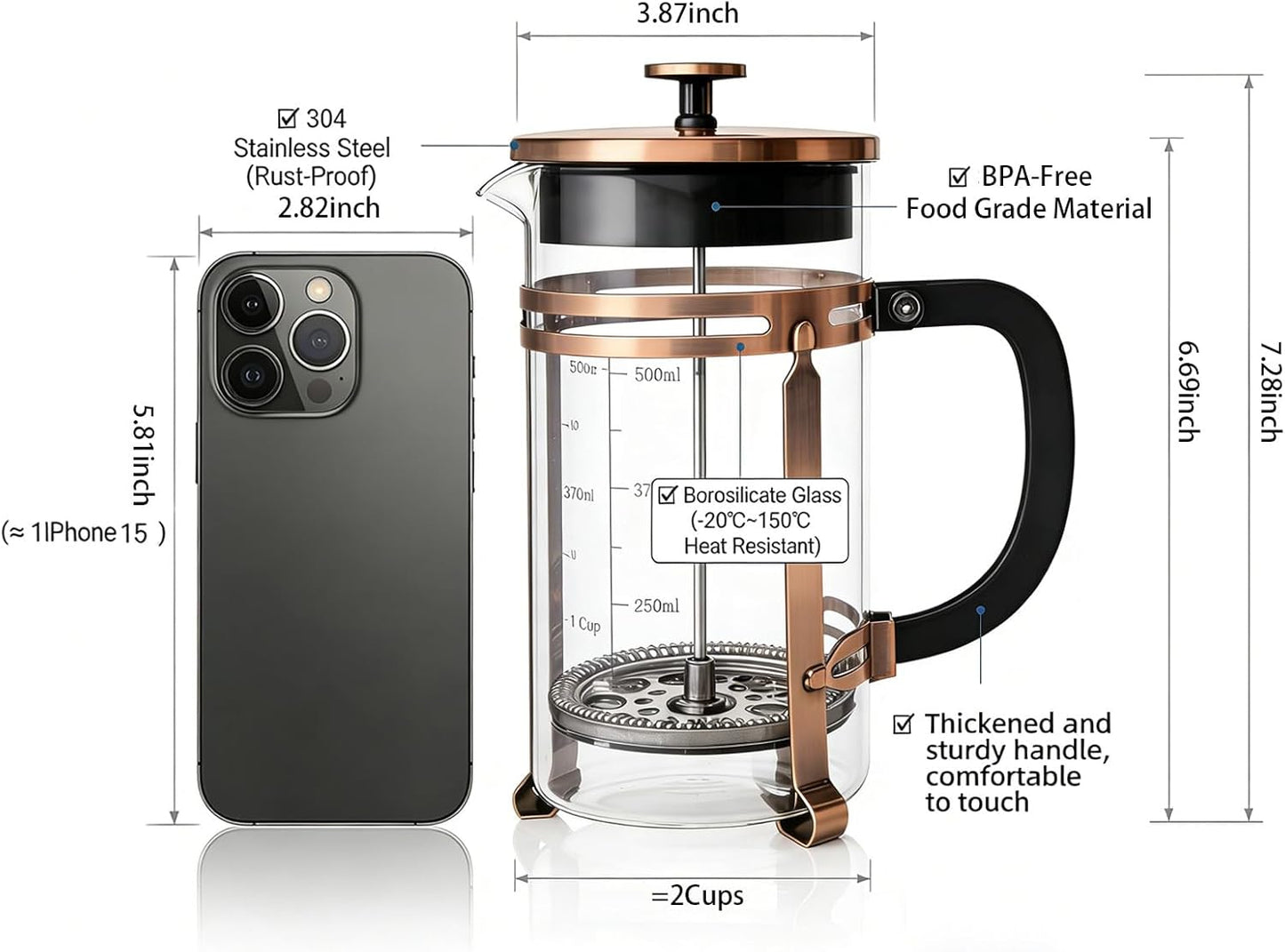 Cafetera prensa francesa 21oz acero inox vidrio cobre