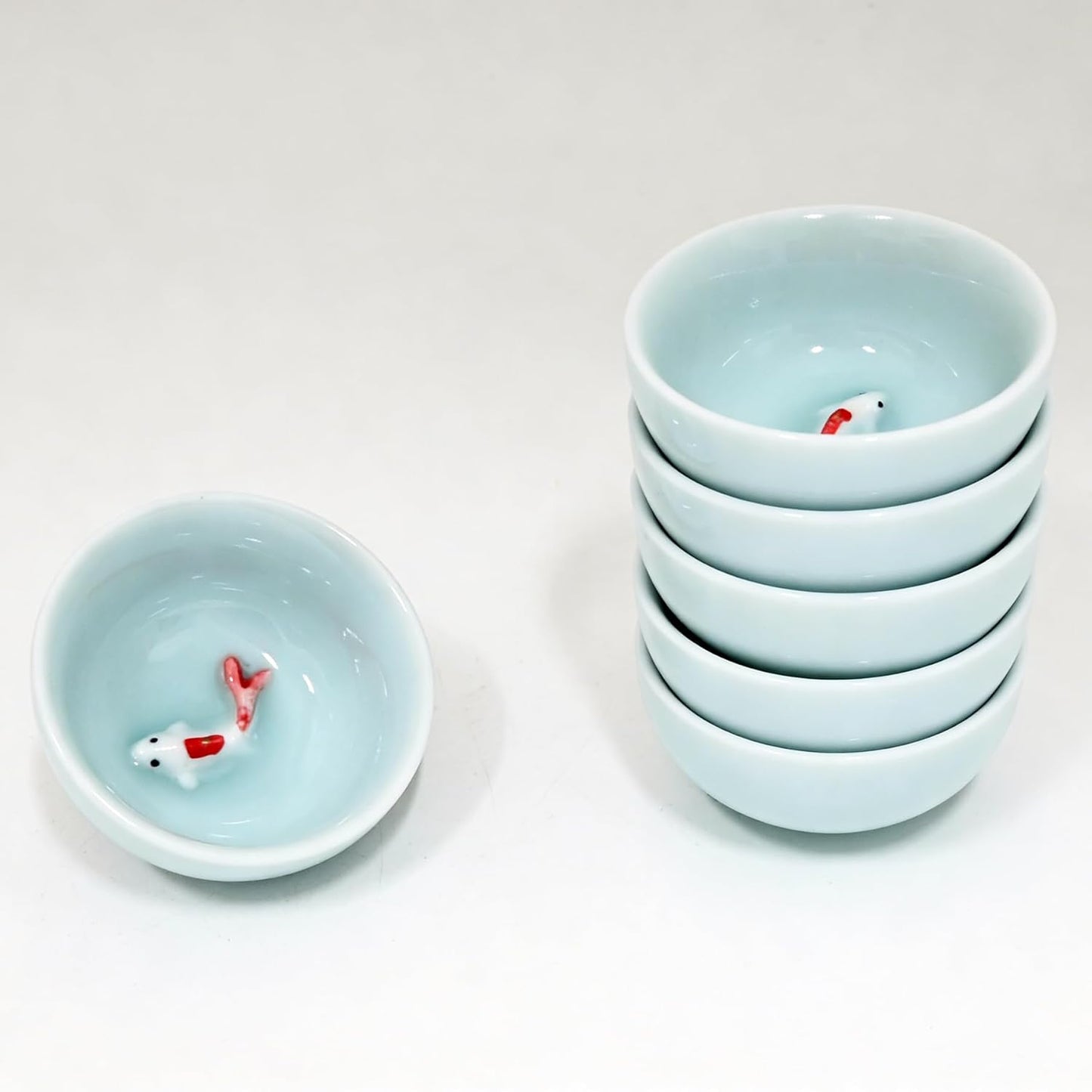 Taza de té de cerámica con diseño pez koi azul cielo juego de 6