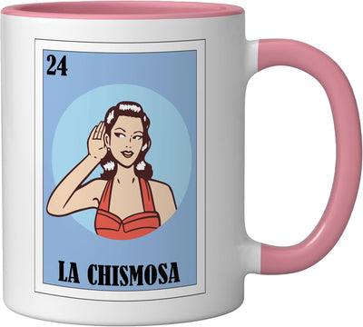Taza de cerámica La Chismosa diseño mexicano rosa/blanco
