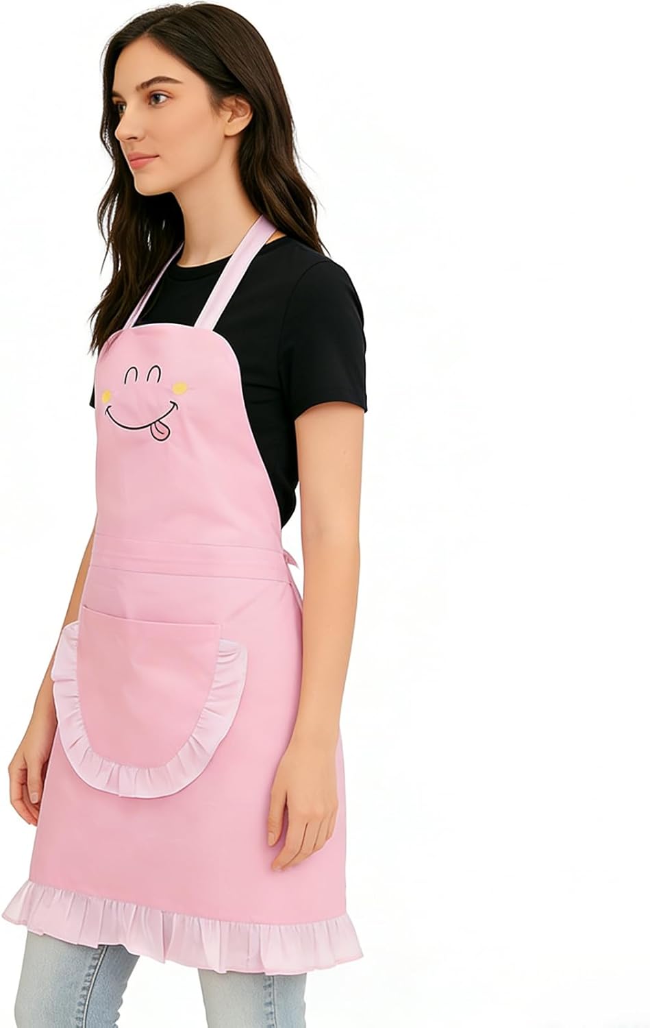 Delantal rosa Love Potato Bonito con cara sonriente, correas ajustables y bolsillo para cocina