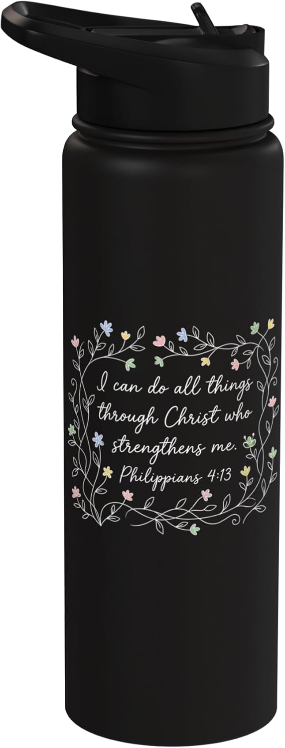 Botella de agua acero inoxidable aislada con flores y fe cristiana