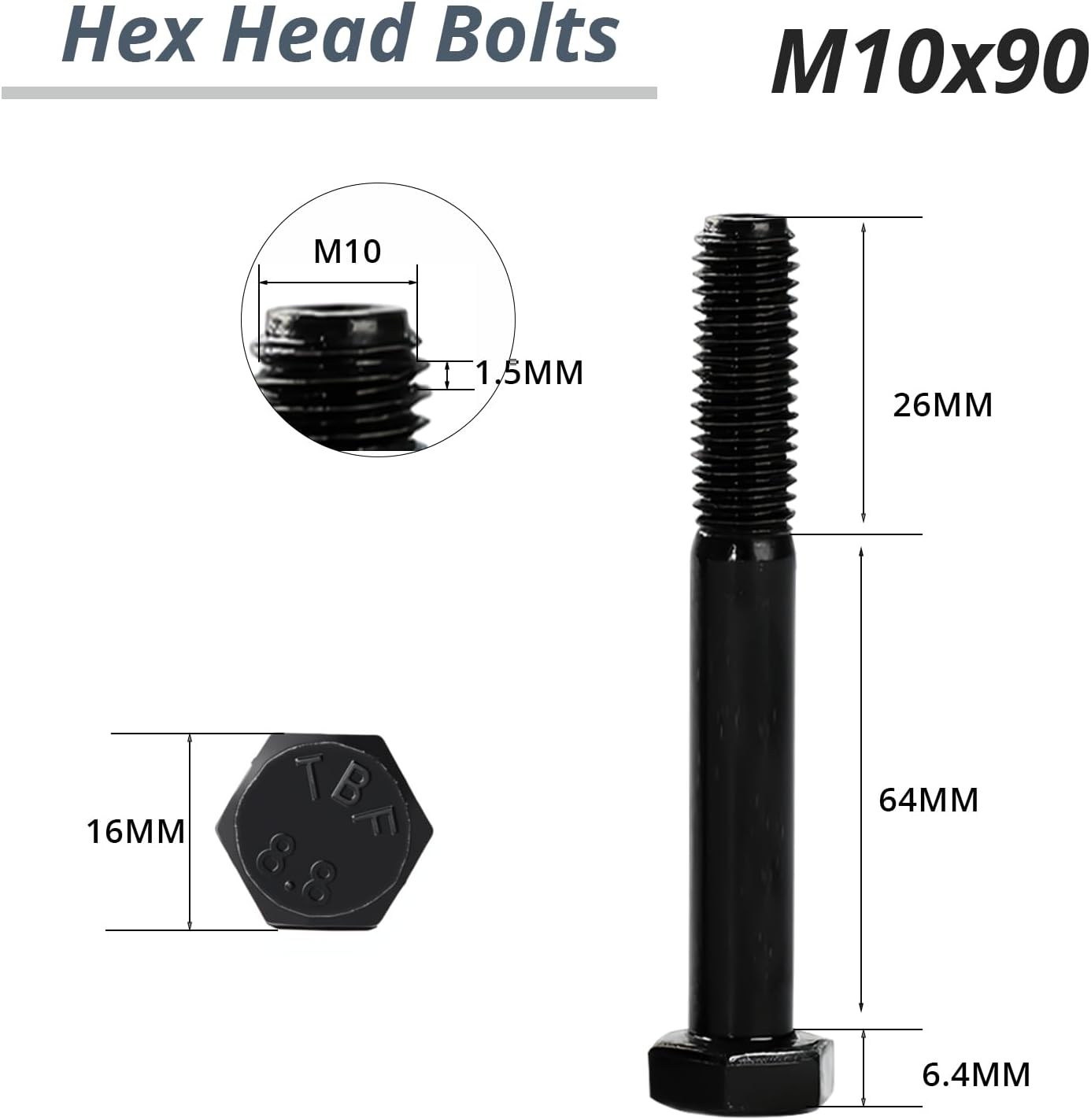 Pernos hexagonales negros acero grado 8.8 8 pzas