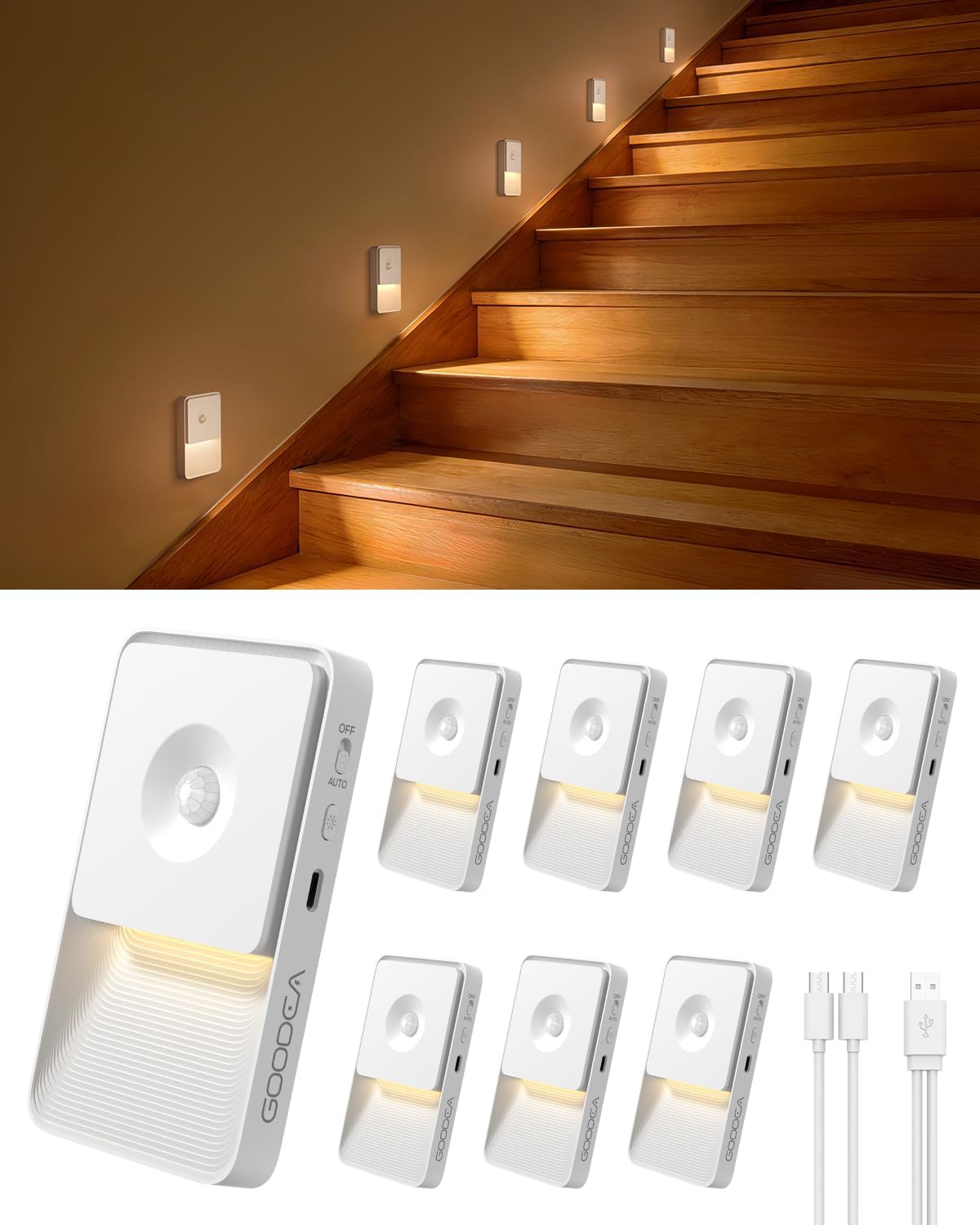 Luces nocturnas recargables sensor movimiento para escaleras
