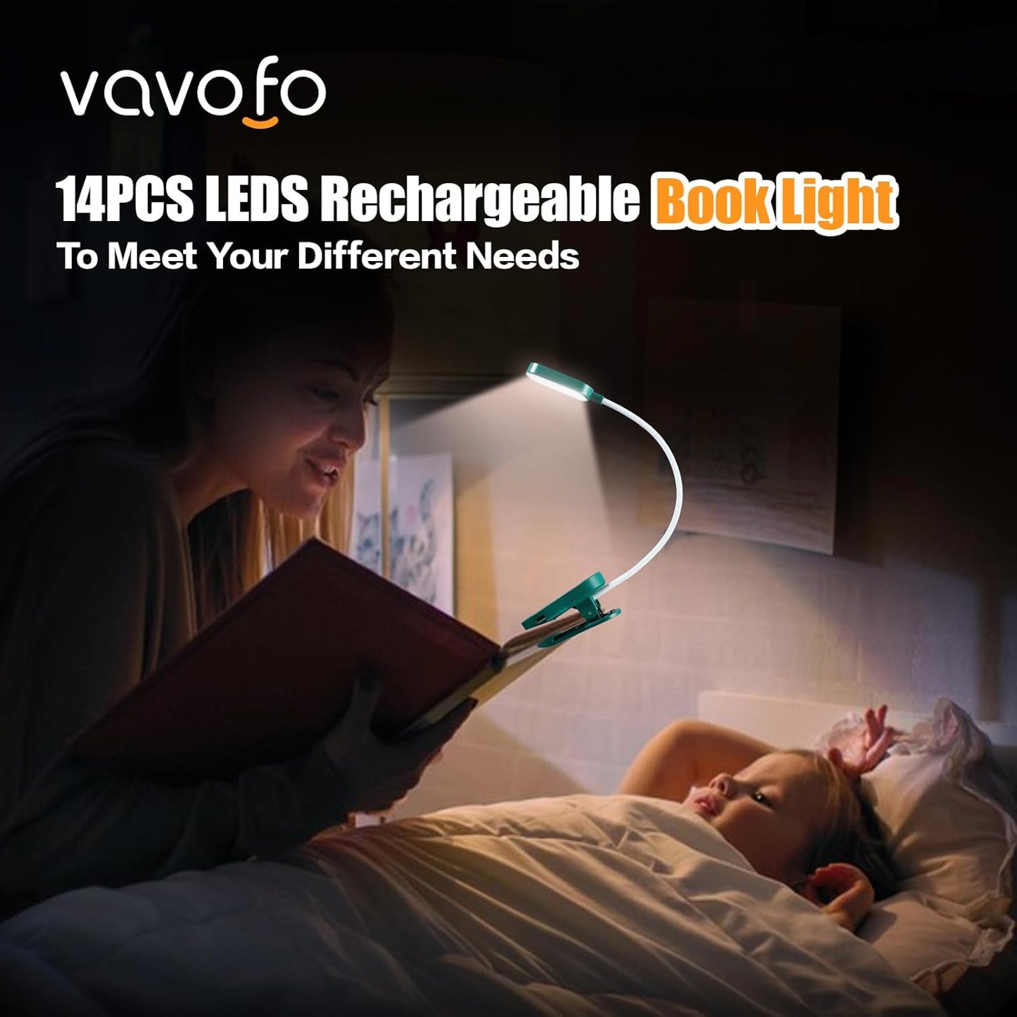 Luz libro recargable 14 LED ámbar 9 colores para leer en cama