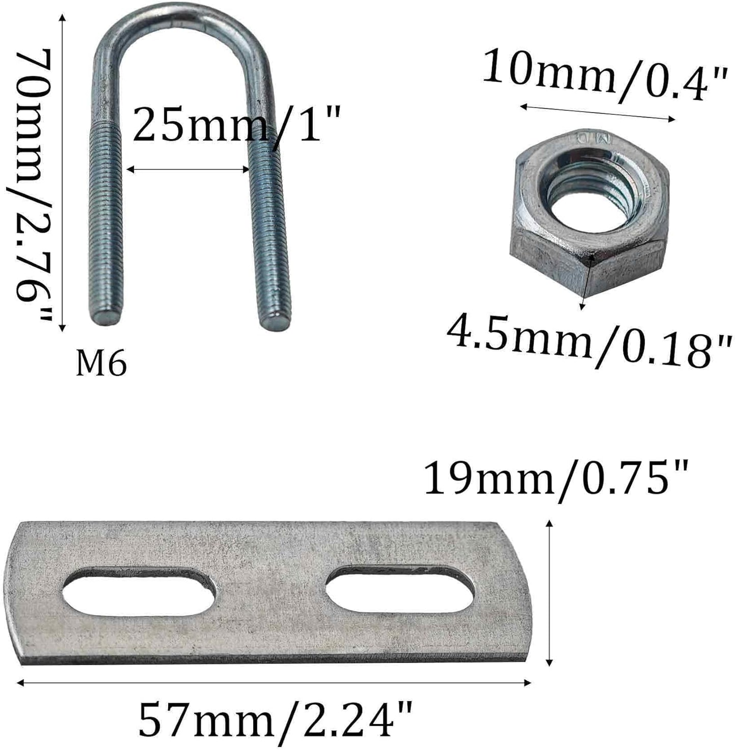4 Set U-Brazos Redondos M6 25mm Ancho 70mm Largo con Placas