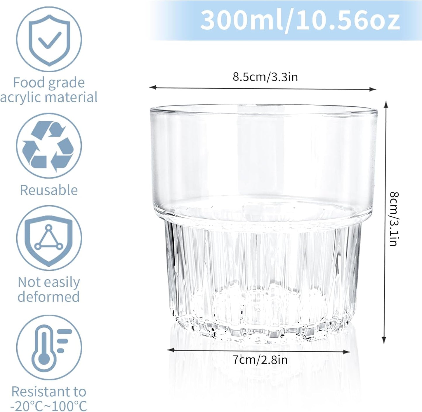 Set 4 vasos plástico reutilizables 10oz transparentes apilables
